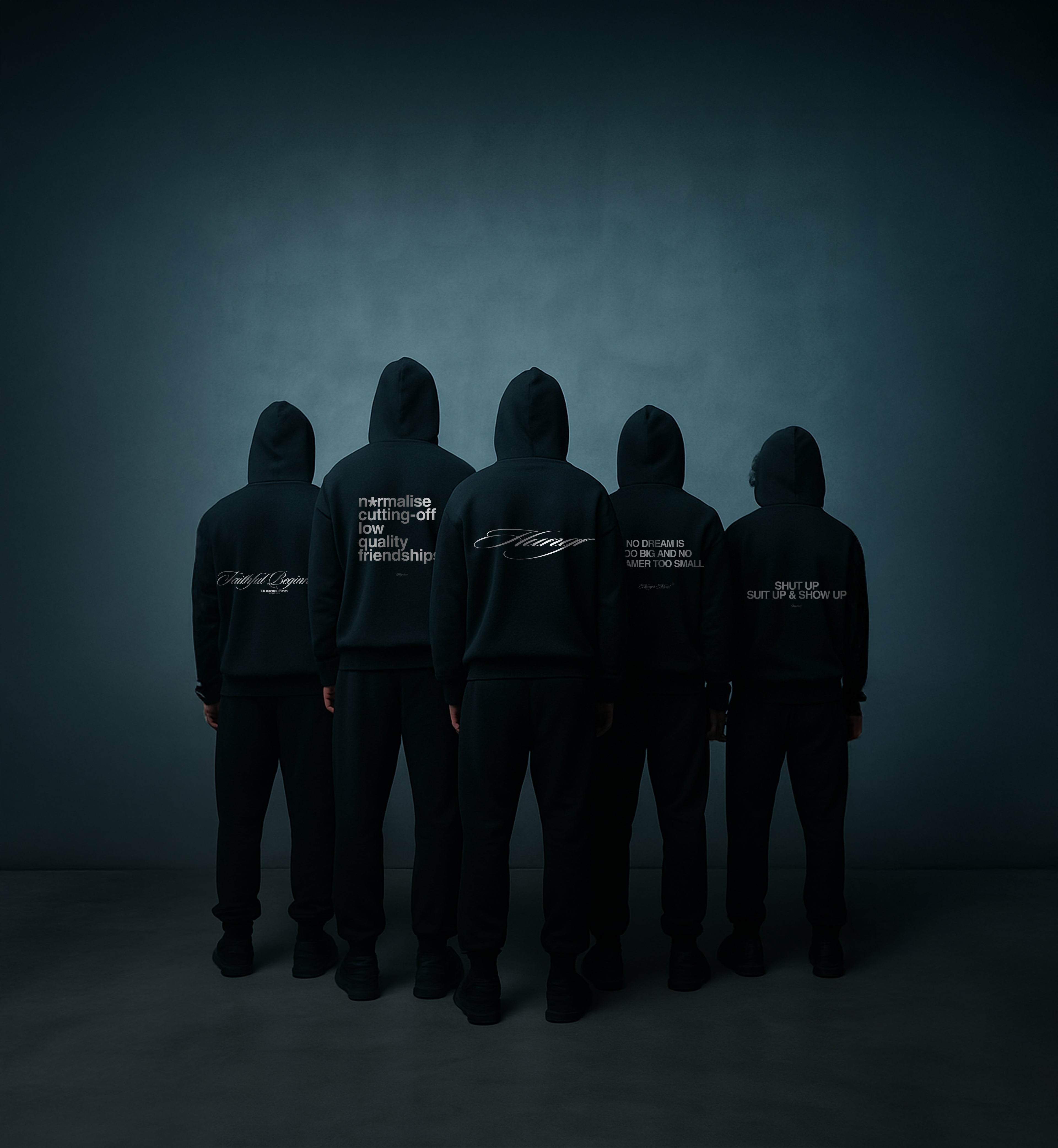 Five people wearing dark hoodies with text on the back against a dark background